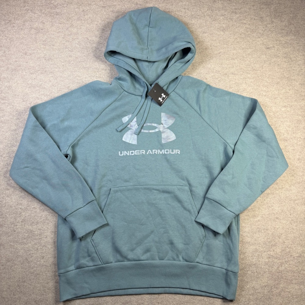 Under Armour Womens Rival Fleece Shimmer Hoodie Blue Loose Fit 1366371 L NWT